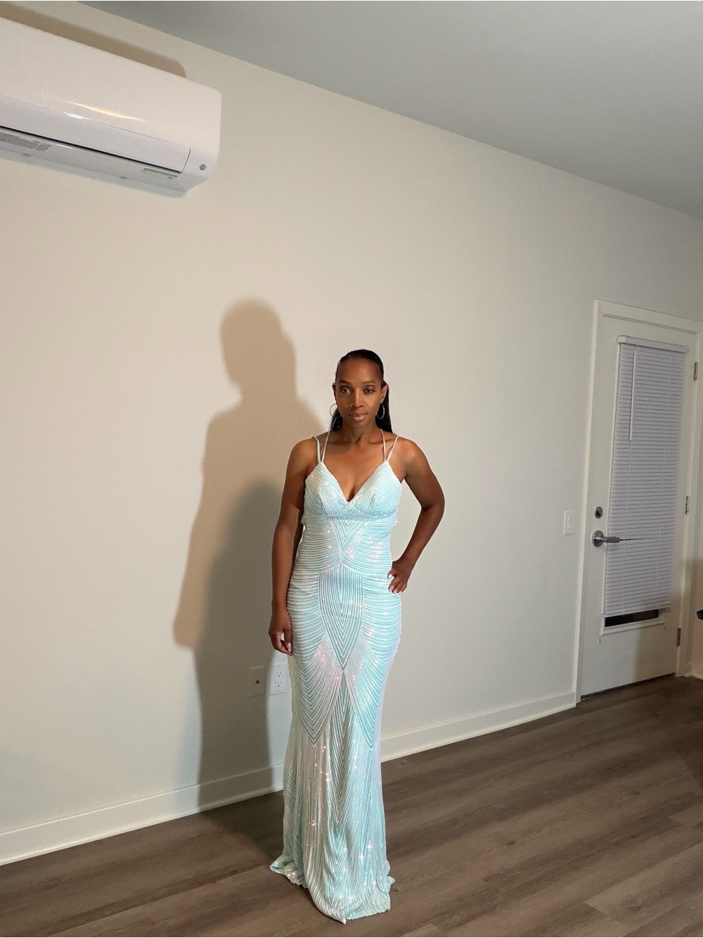 Elegant Light Aqua Beaded Evening Gown - Women's Dress